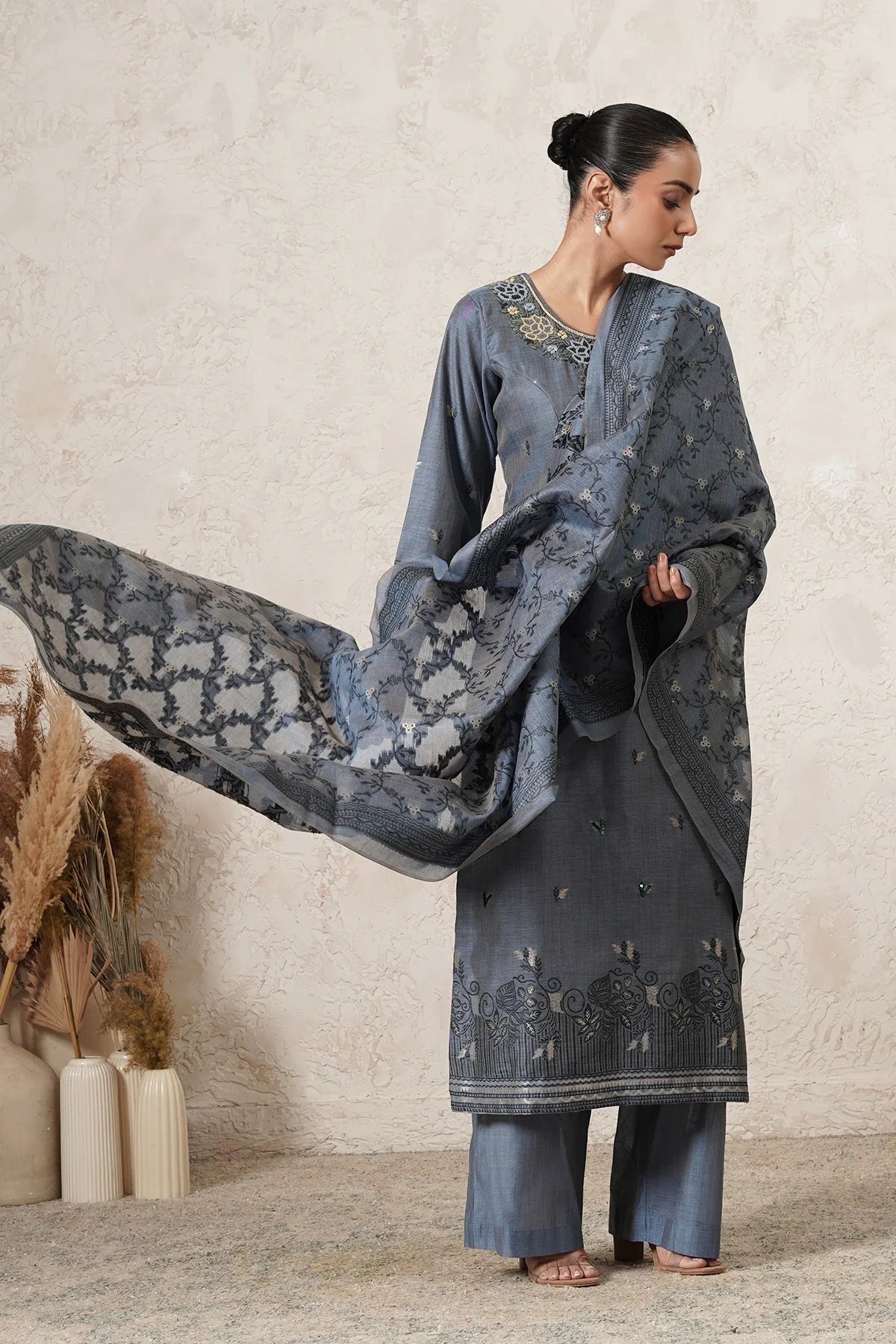 Parwaaz Hand-Embroidered Kurta Set with Pants & Dupatta | Slate Blue | Chanderi & Satin | Women | THETAA
