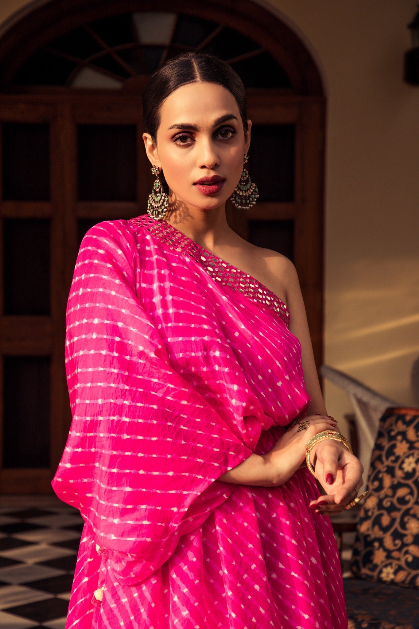 One shoulder leheriya dress