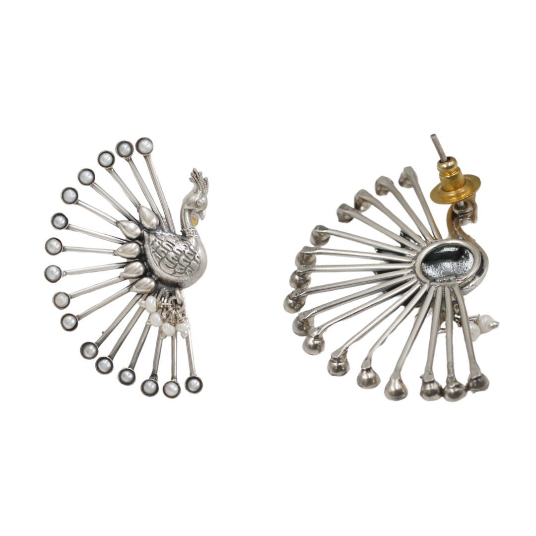 Sangeeta Boochra Pearl Accent Silver Peacock Earrings