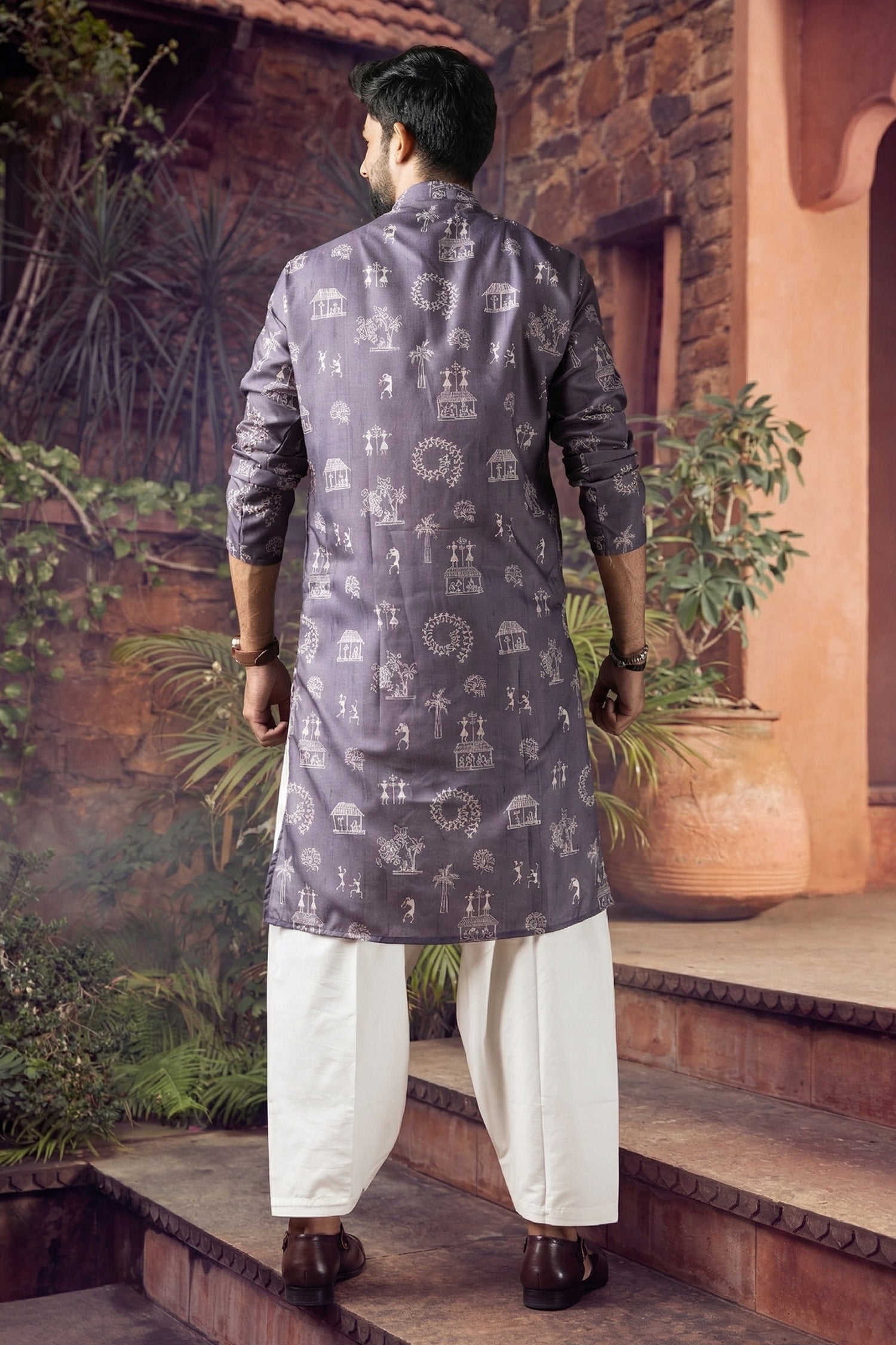 Men's Blended Cotton Cream Designer Printed Kurta with payjama