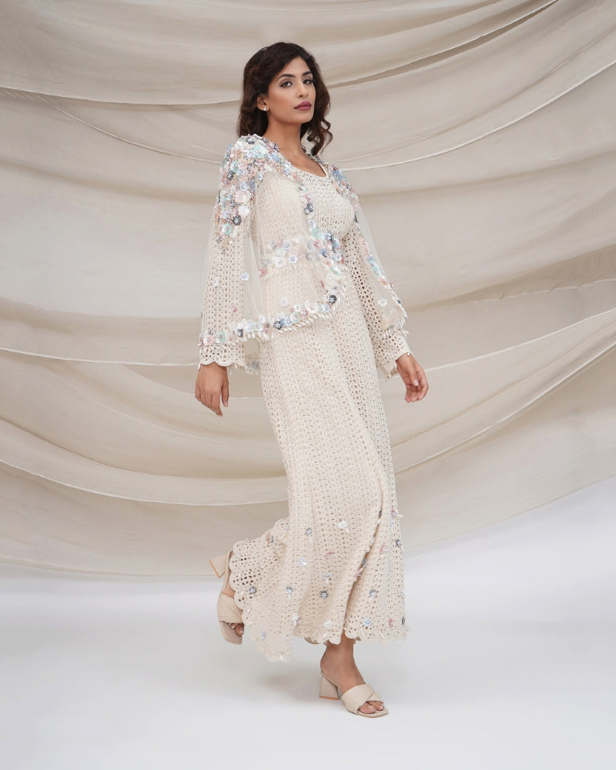 Ivory Crochet Gown with Tule Cape