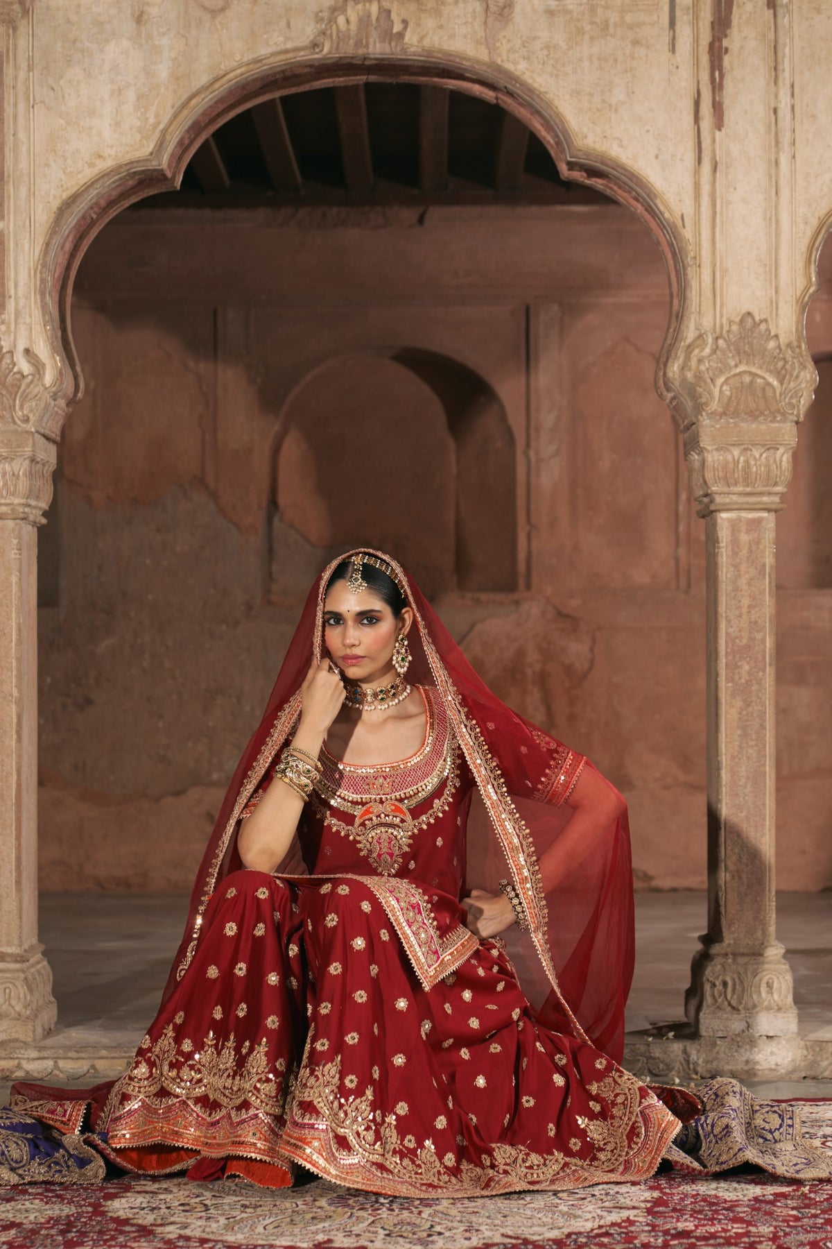 Deep Red Banarasi Short Kurta and Sharara Set with Dupatta