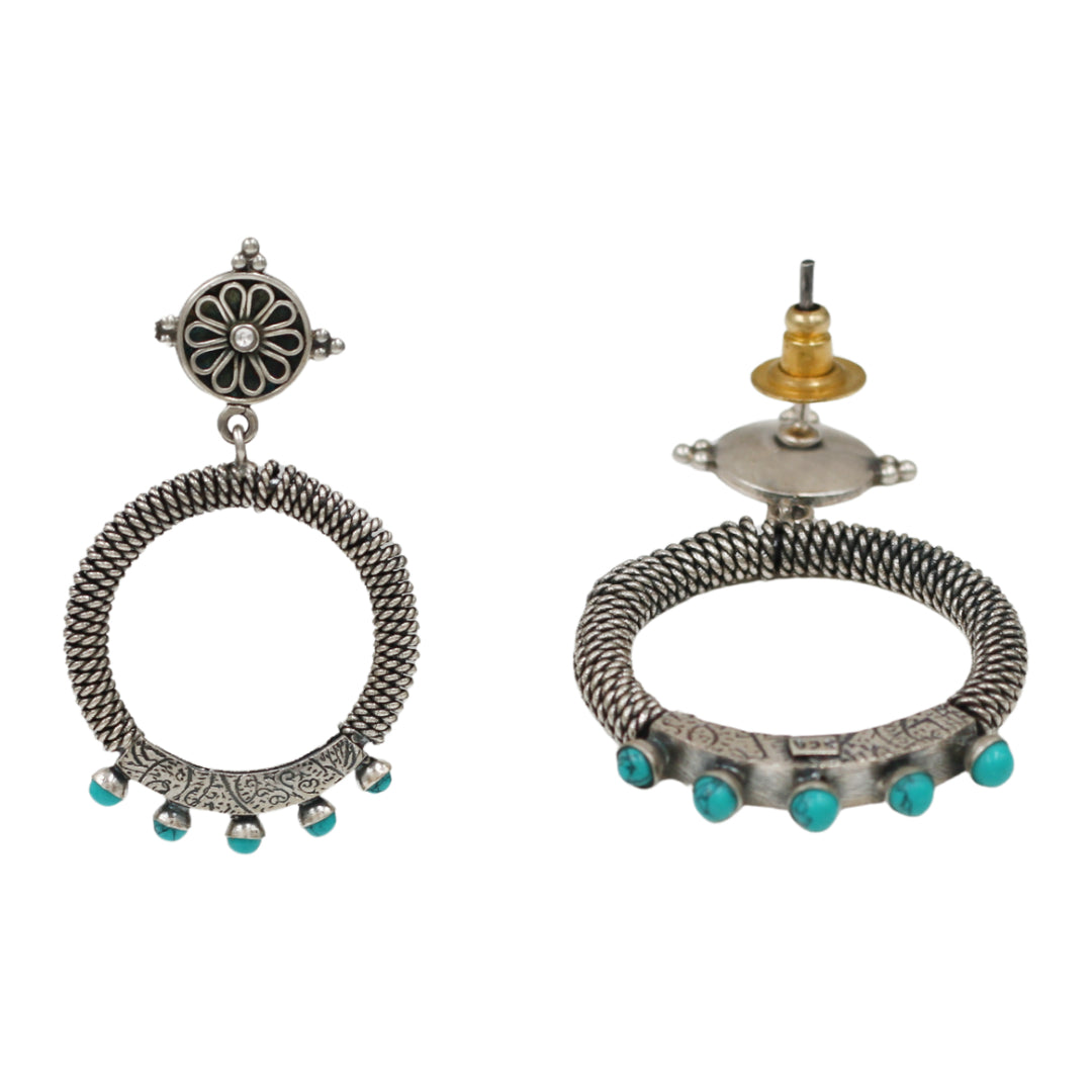 Turquoise Accent Silver Hoop Earrings by Sangeeta Boochra