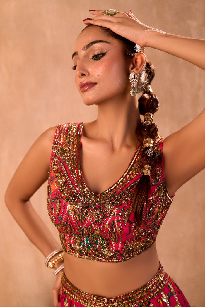 PINK PRINT EMBROIDERED CHOLI, LEHENGA AND DUPATTA SET - image 2