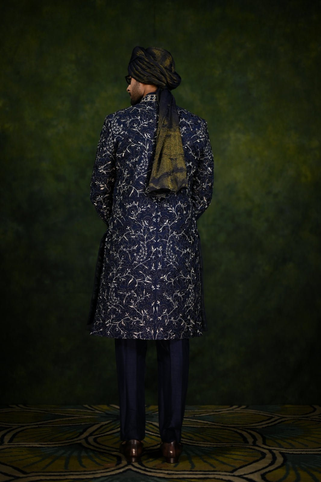navy threadwork sherwani set