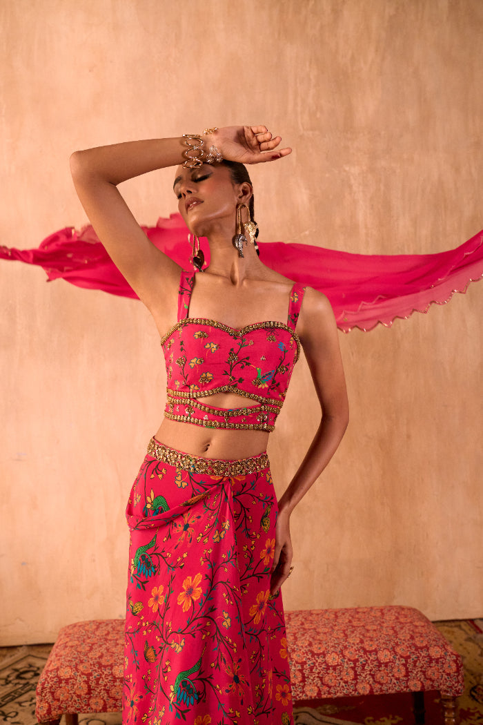 PINK PRINT EMBROIDERED CHOLI, DRAPED SKIRT AND DUPATTA SET - image 2