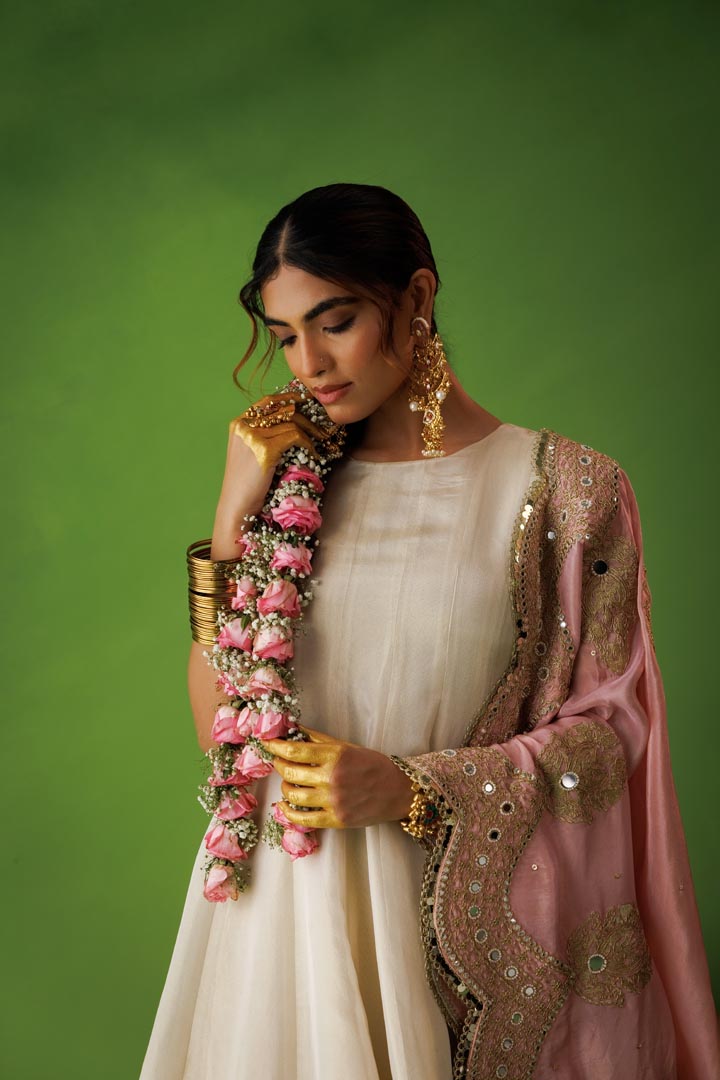 Beige tissue anarkali with pink dupatta