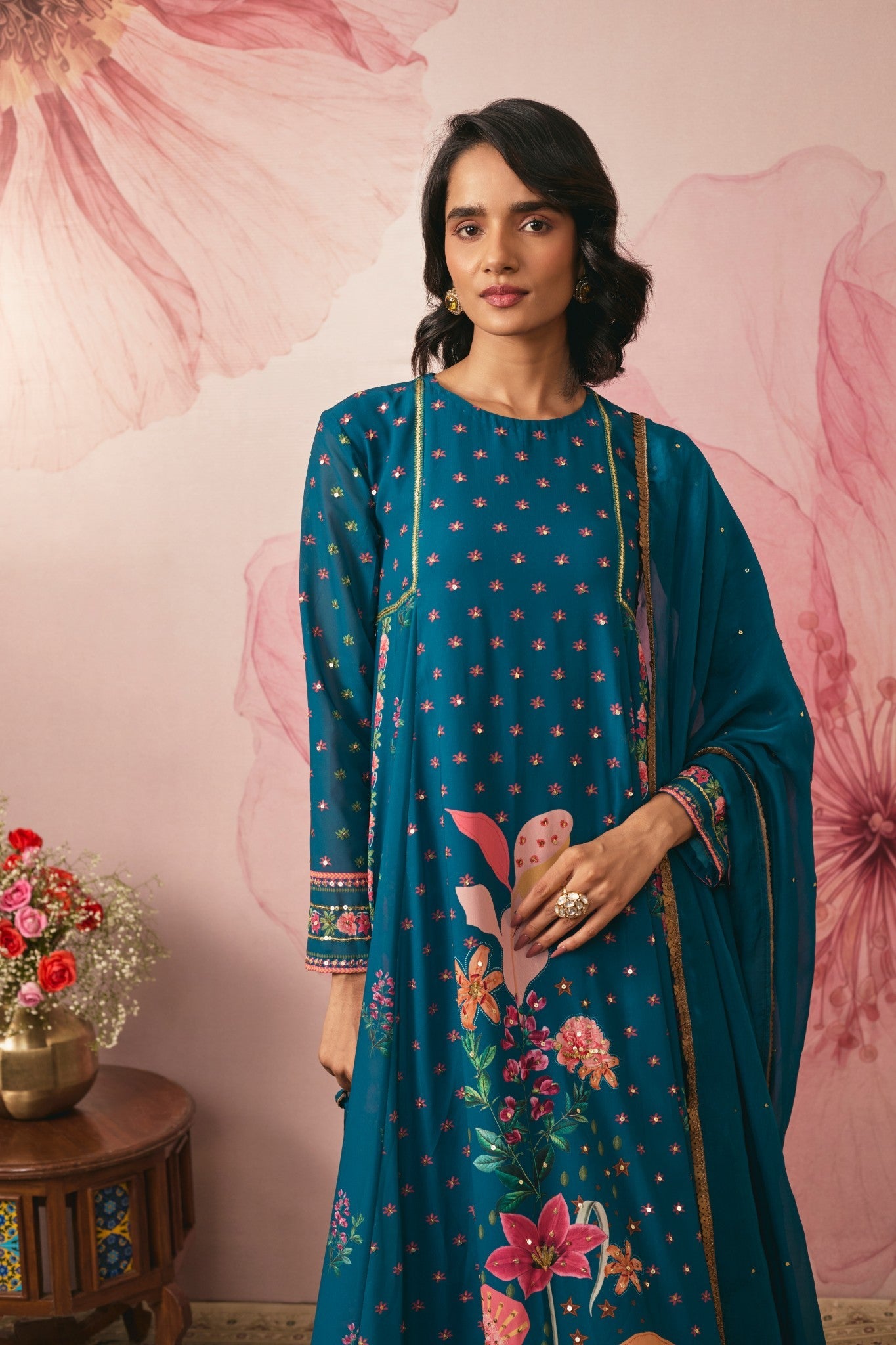 MIDNIGHT BLUE FLORAL PRINTED KURTA SET