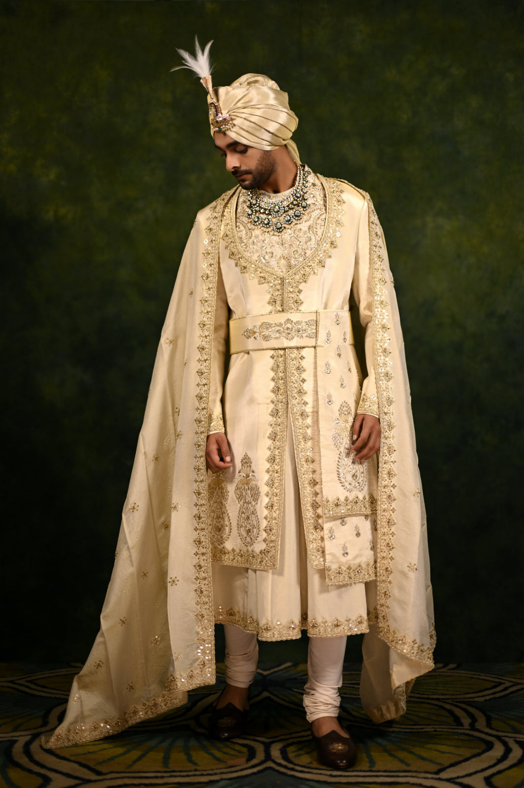 gold tissue angrakha style sherwani set