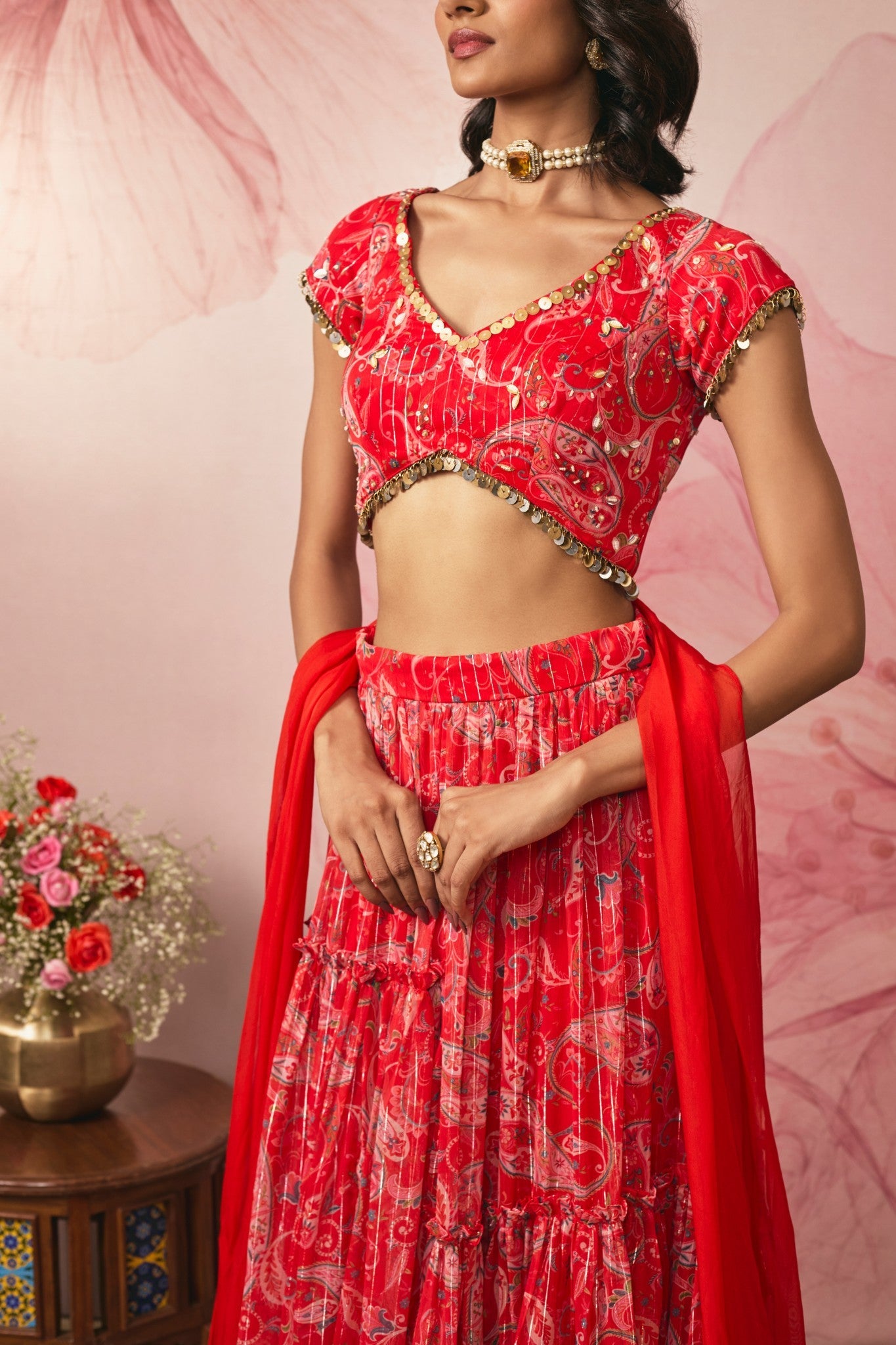 RED PAISLEY PRINTED LEHENGA SET