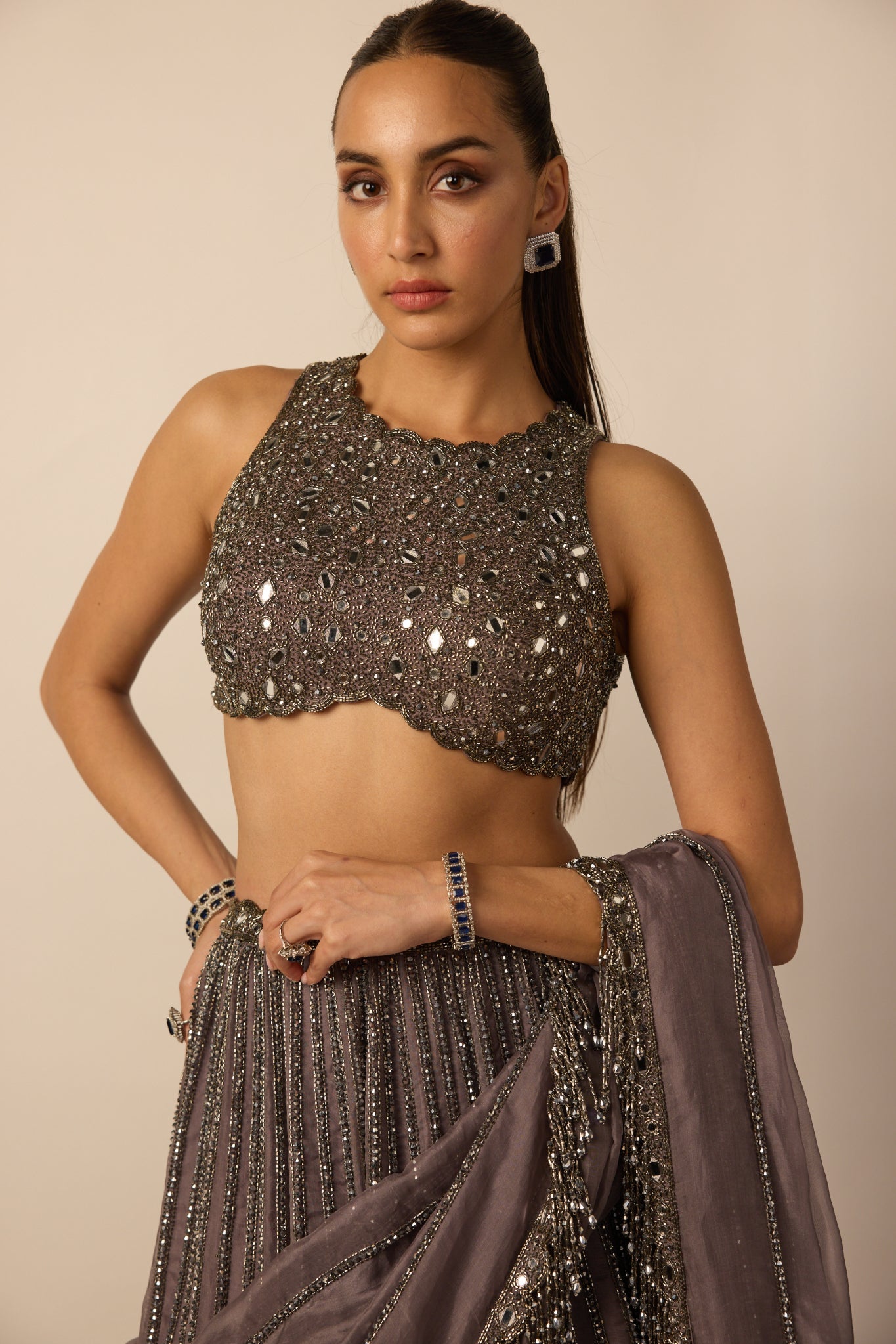 Metallic Grey Linear Lehenga Set