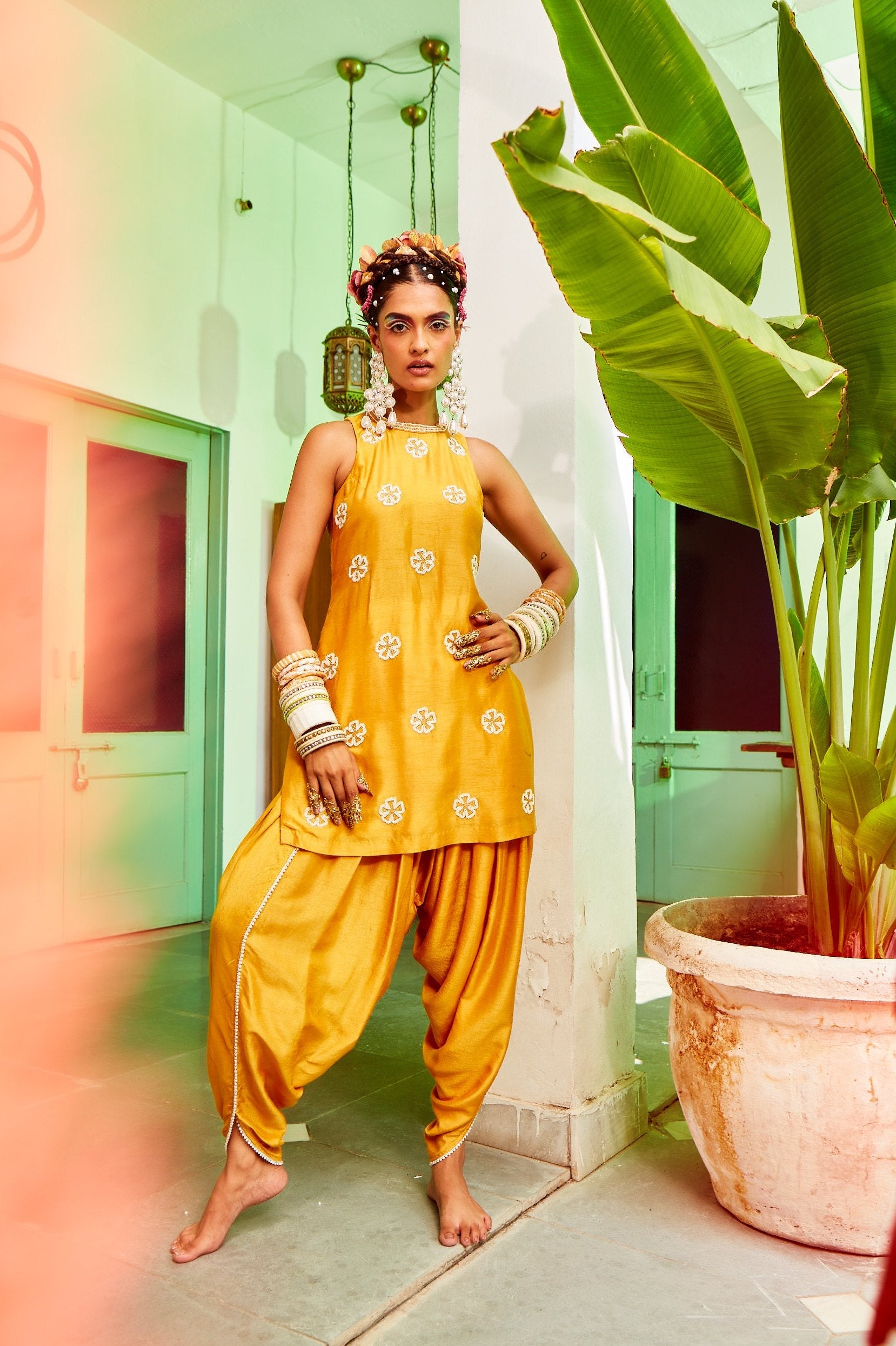 Mustard Short Kurta With Tulip Pant