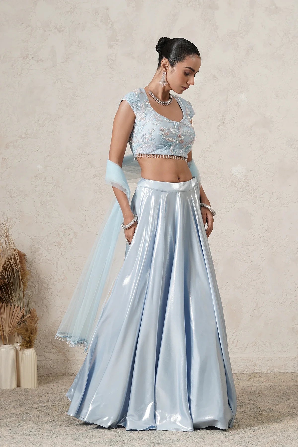 Dariya Metallic Lehenga Set with Hand-Embroidered Blouse & Dupatta | Sea Blue |  Women | THETAA