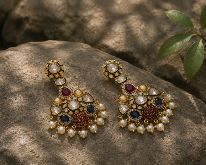 Multicolour Polki Drop Earring with Pearl Accents