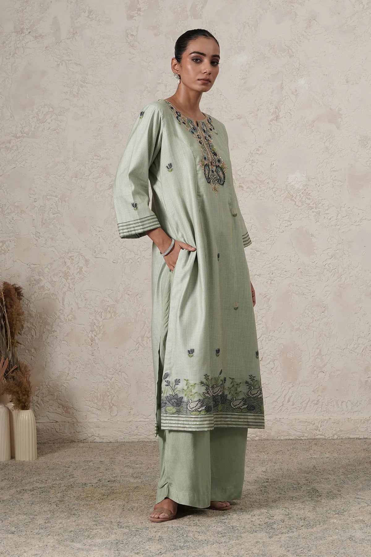 Dhaani Hand-Embroidered Kurta Set with Pants & Dupatta | Sage Green | Chanderi & Satin | Women | THETAA