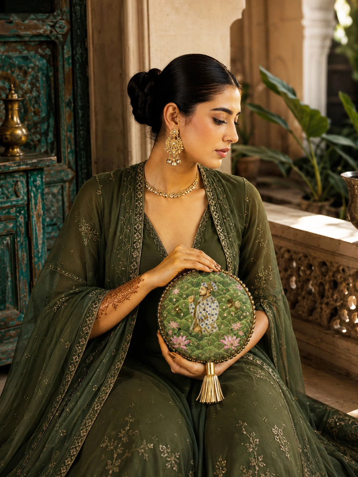 Green Lotus Print Round Clutch Bag with Shehzada Portrait & Tassel
