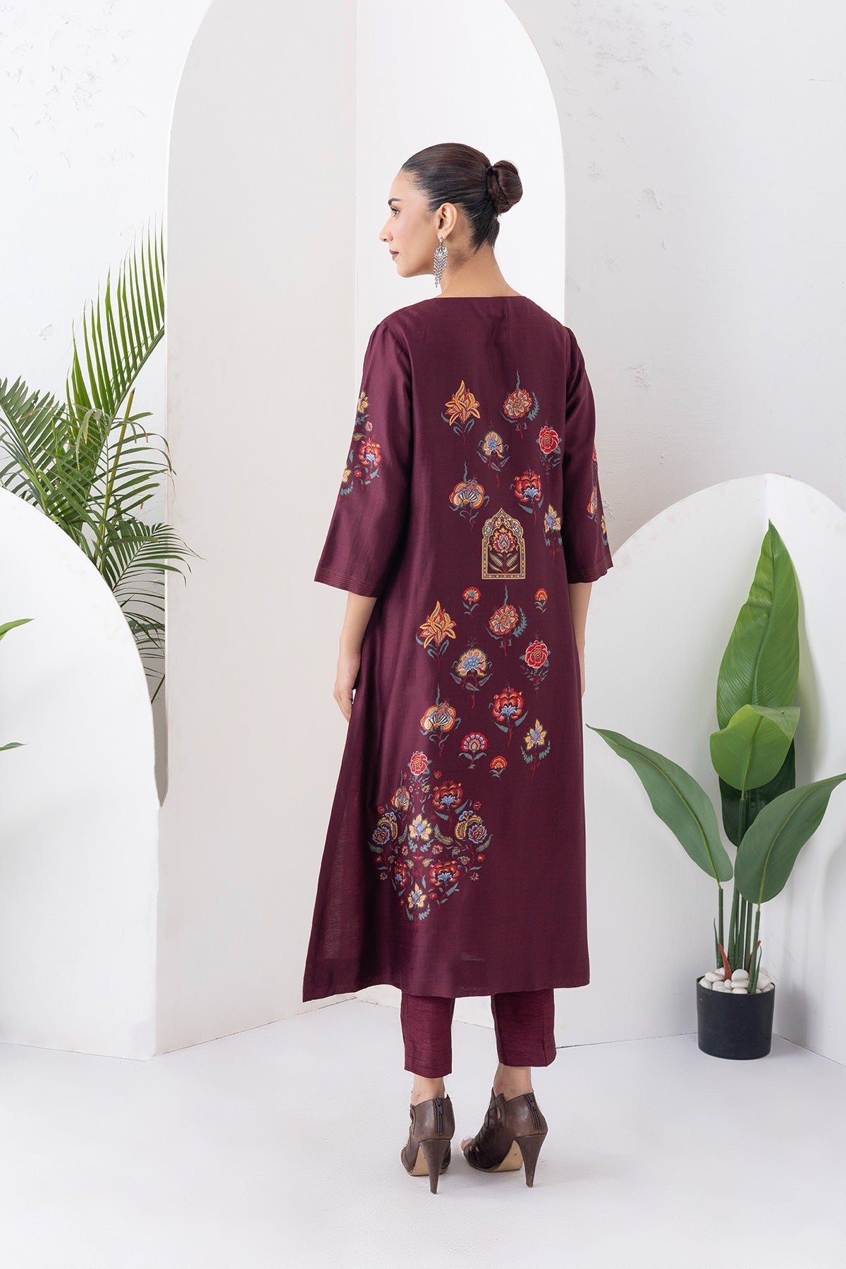 Chocolate Brown Silk Chanderi Printed Side Panel Dress Set (2 PCS)