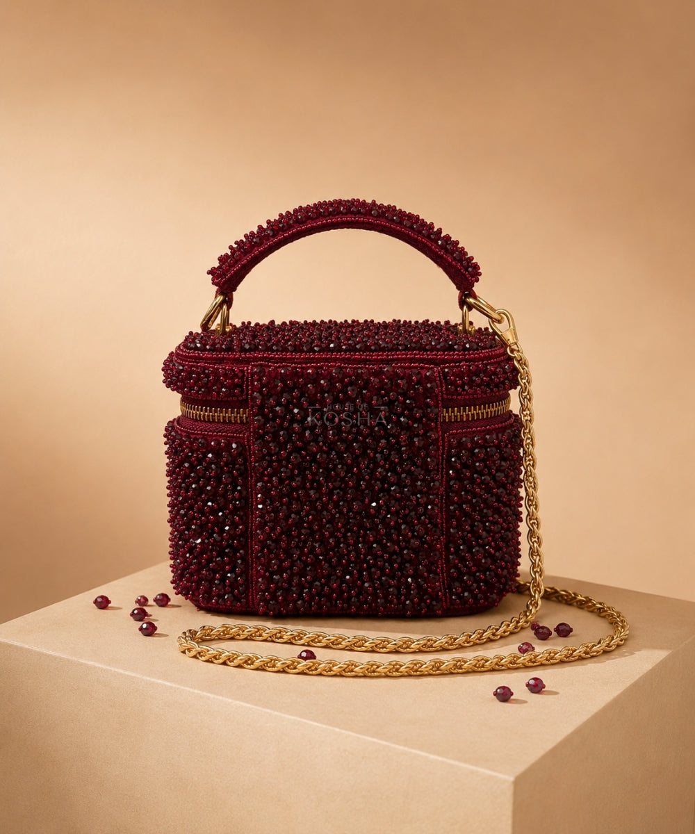 Ziya Maroon Suede Embroidered Vanity Bag