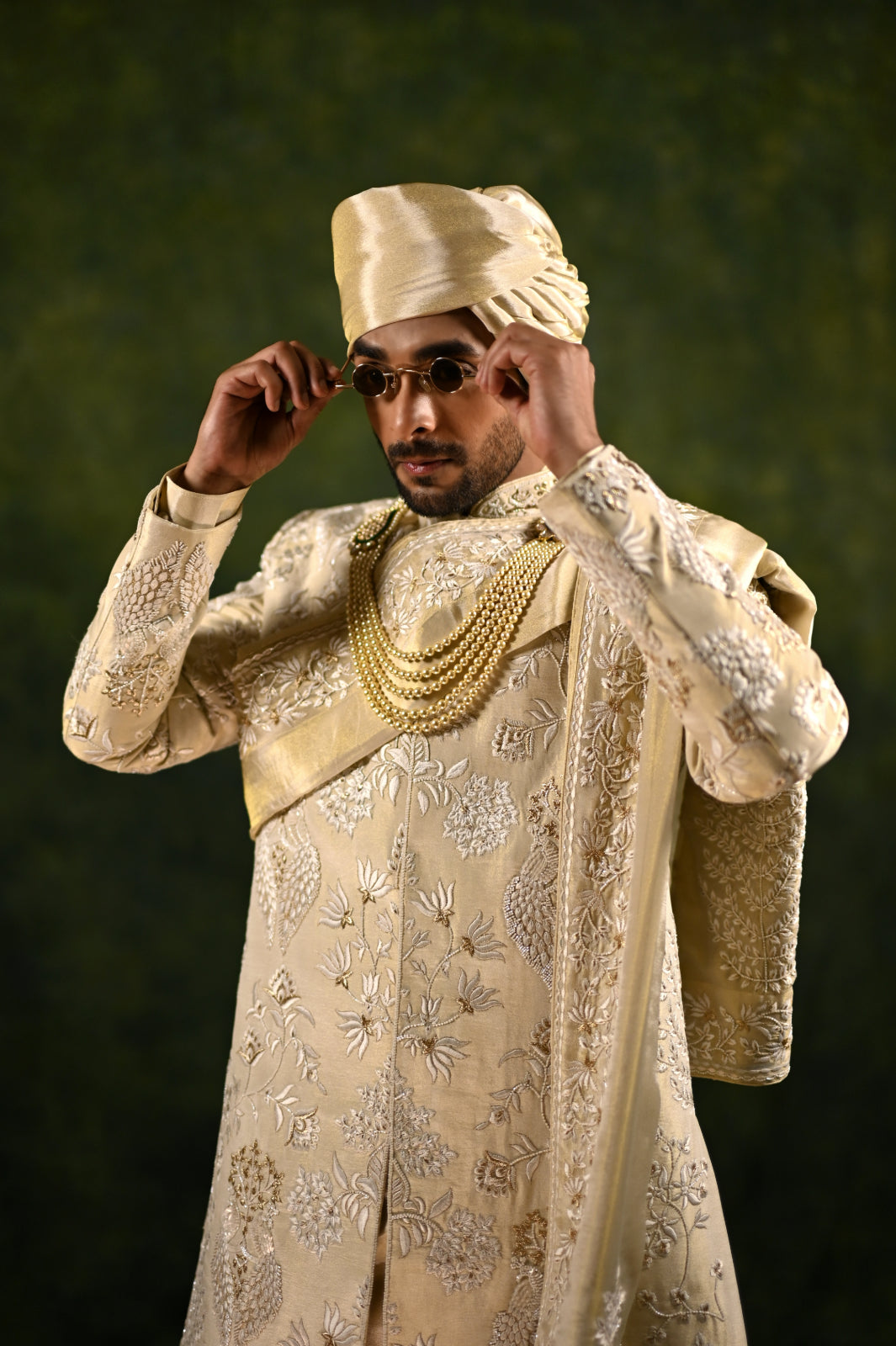 ivory gold crepe tissue threadwork sherwani set
