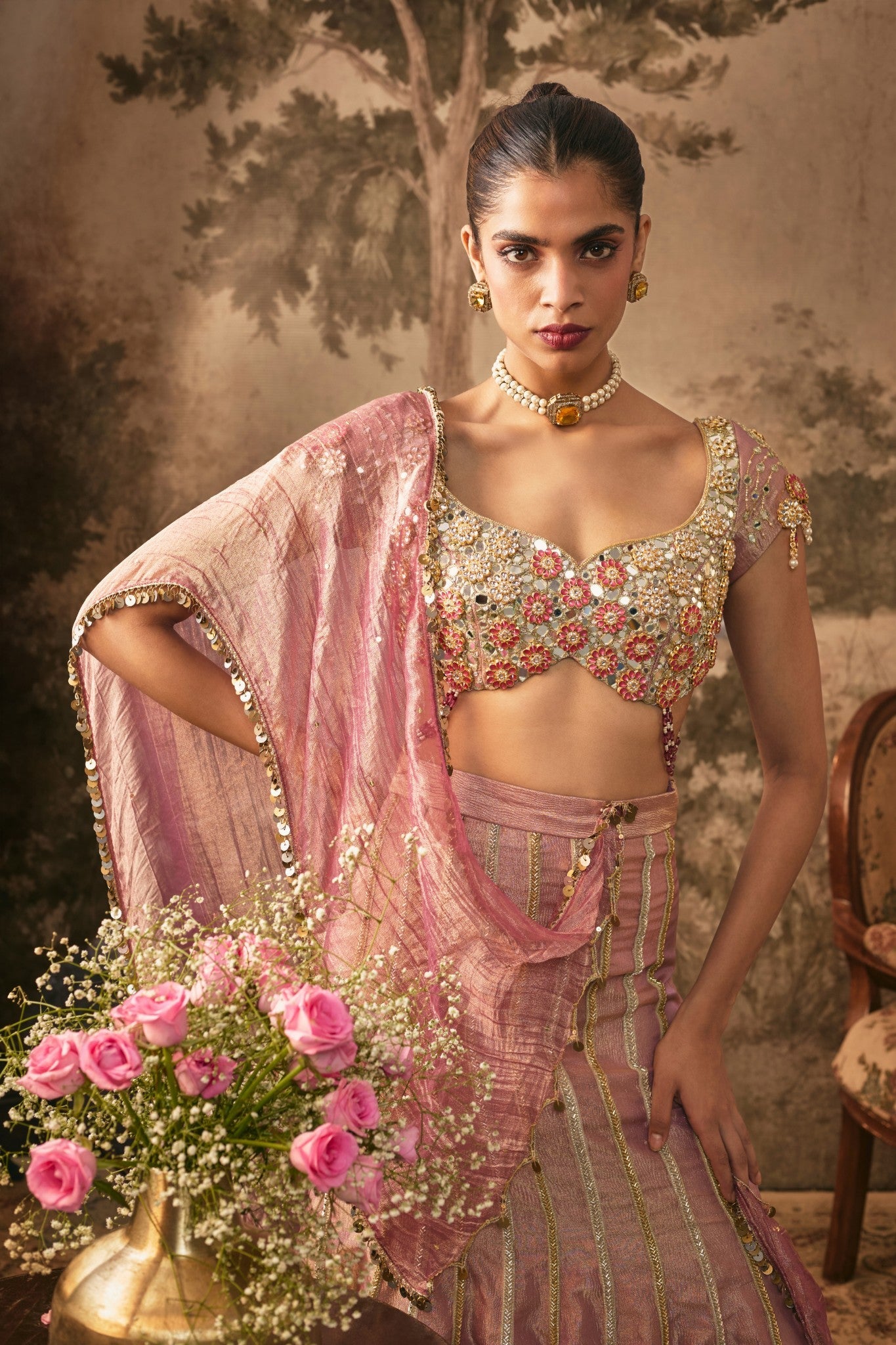 Dusty Rose Metallic Tissue Lehenga Set