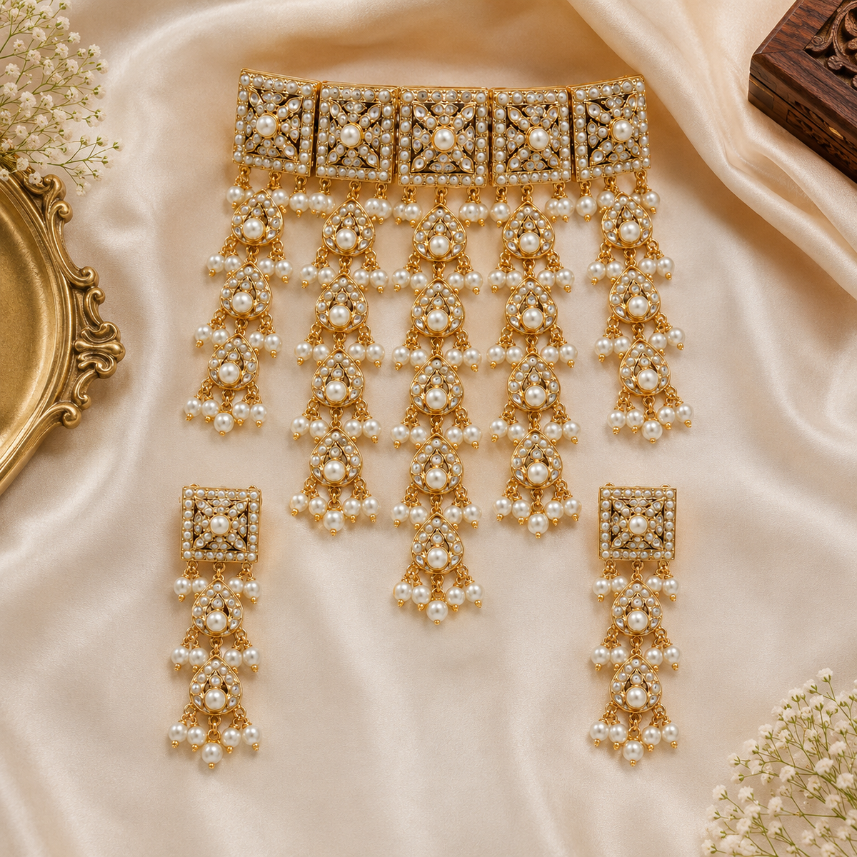 Gold Plated Handcrafted Jadau Necklace Set with pearl tassels