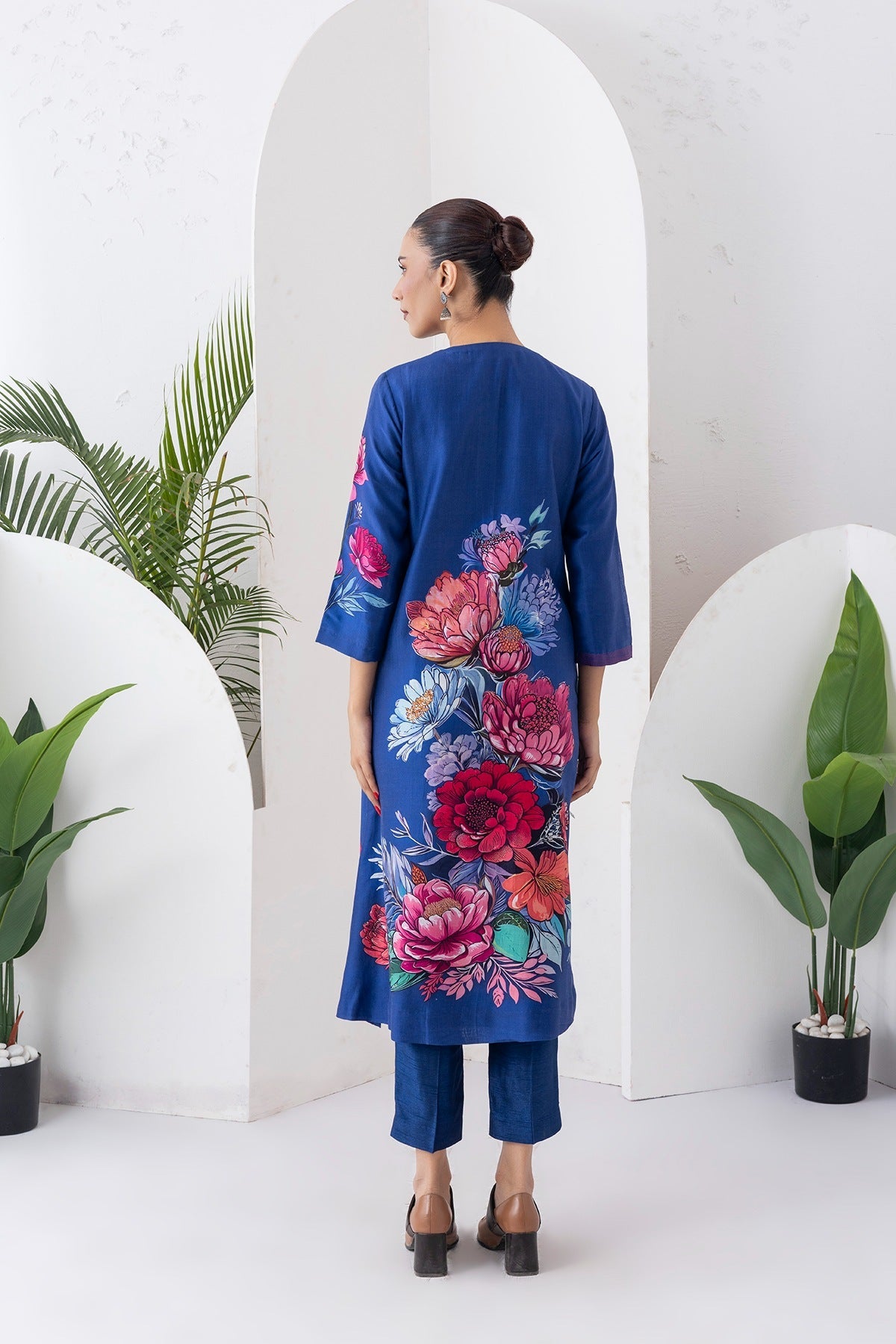 Cobalt Blue Silk Chanderi Printed Dress Set (2 PCS)
