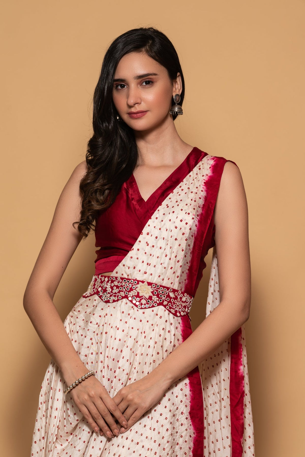 Black red bandhni drape saree