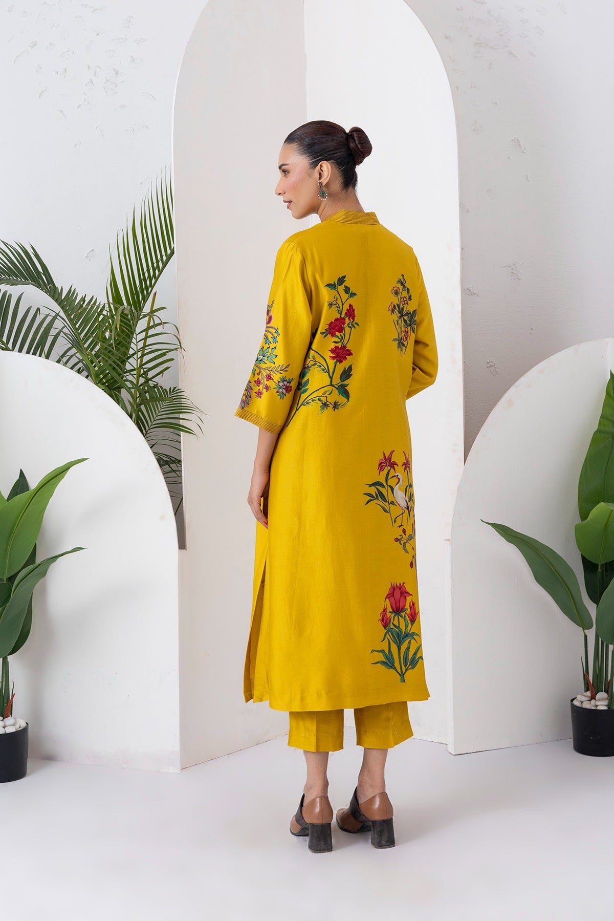 Yellow Silk Chanderi Floral Printed Front Open Dress Set (3 PCS)