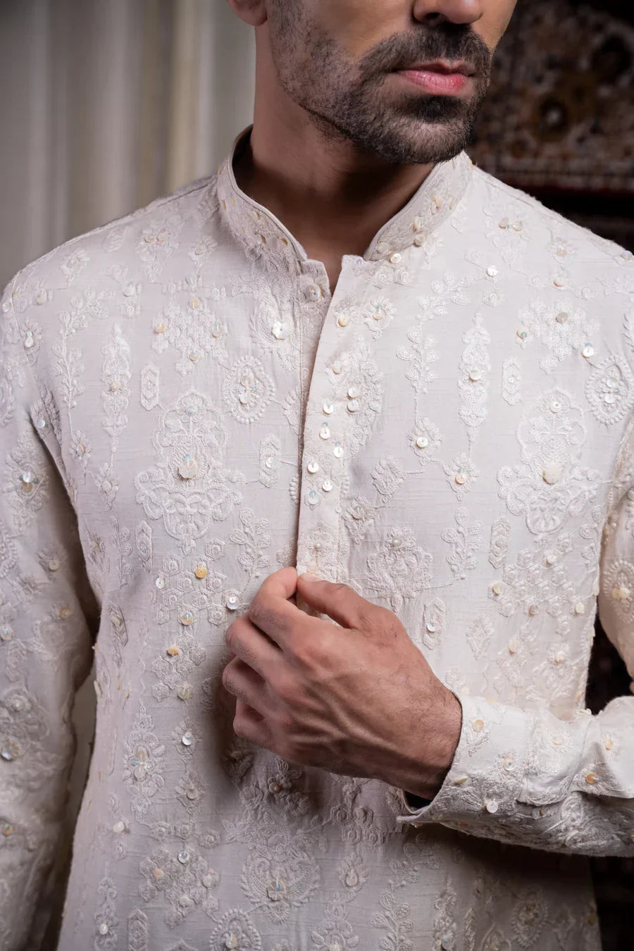 Ivory Pearl Embroidered Linen Silk Kurta