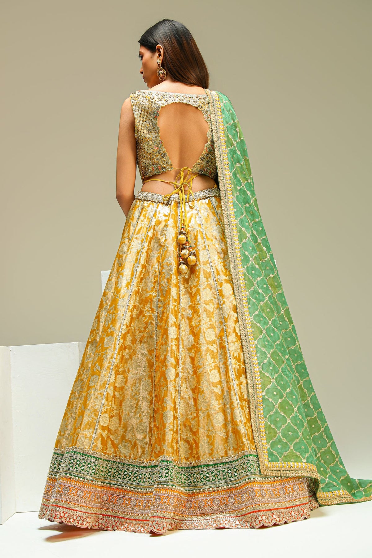 Mustard & Green Pure Banarasi Lehenga Set with Dupatta & Potli