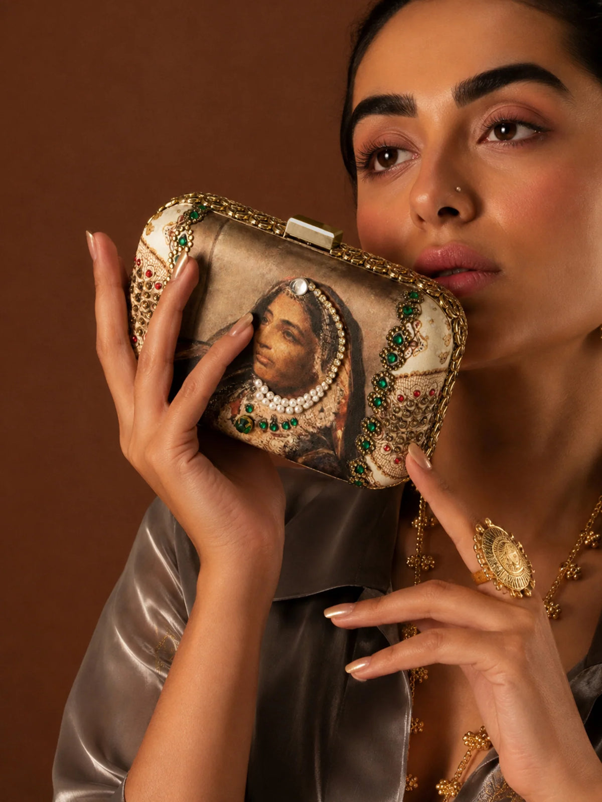 Maharani Portrait Embellished Clutch Bag with Pearl & Green Stone Detail