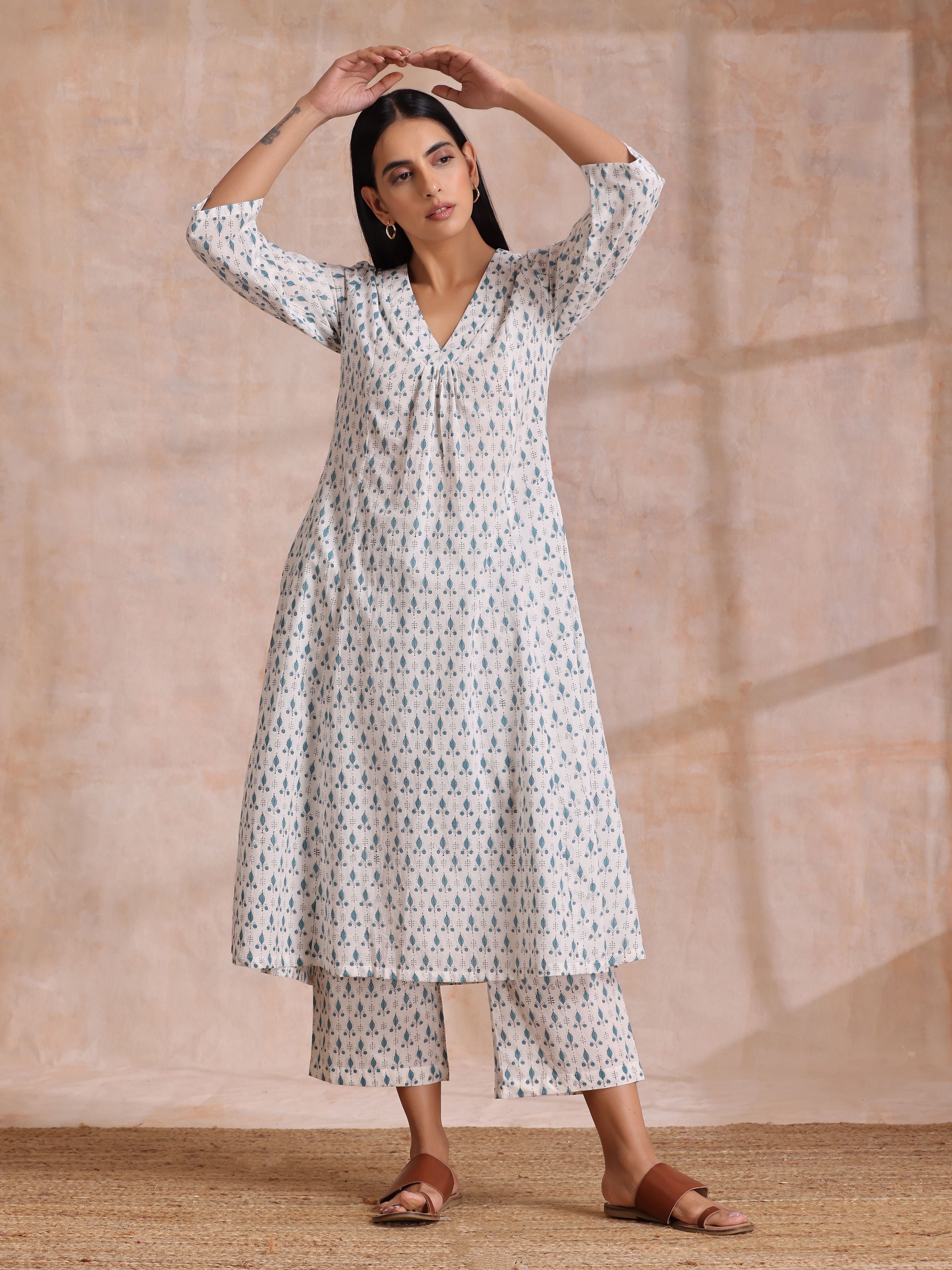 White With Teal Buta Block Print Cotton Front Neck Gathered Kurta Pant Set