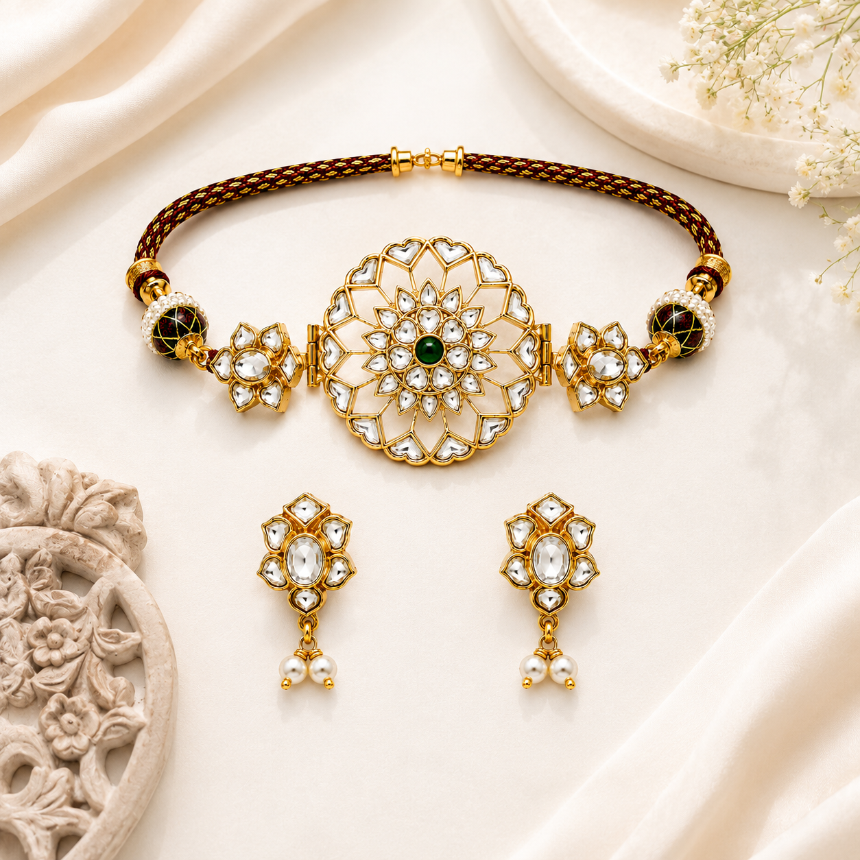 Handcrafted Jadau Kundan Choker Set with Pearl Accents