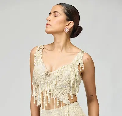 Ivory Silk Brocade Skirt Set - Luxury Pearl & Dory Embroidery