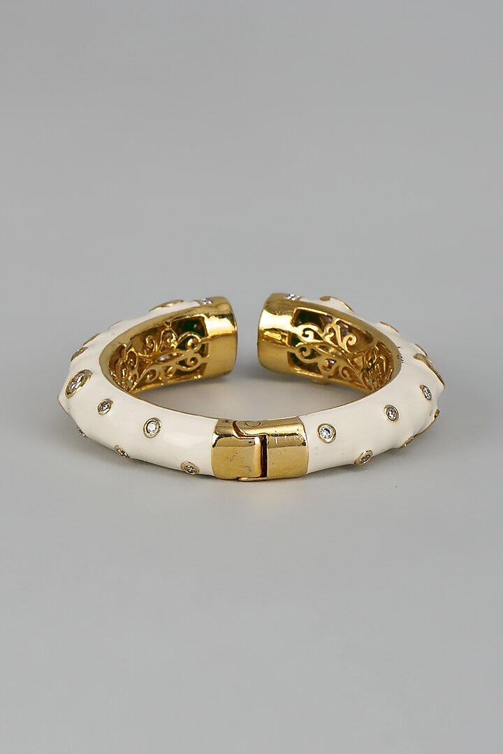 White Enamel Green Stone Open Cuff Statement Bangle
