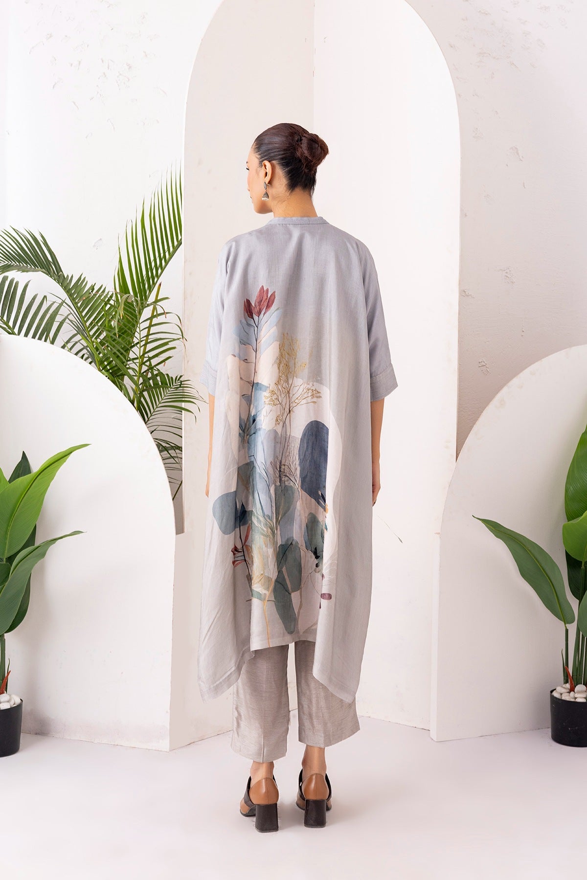 Grey Viscose Dupion Printed Kaftan Style Dress Set (3 PCS)