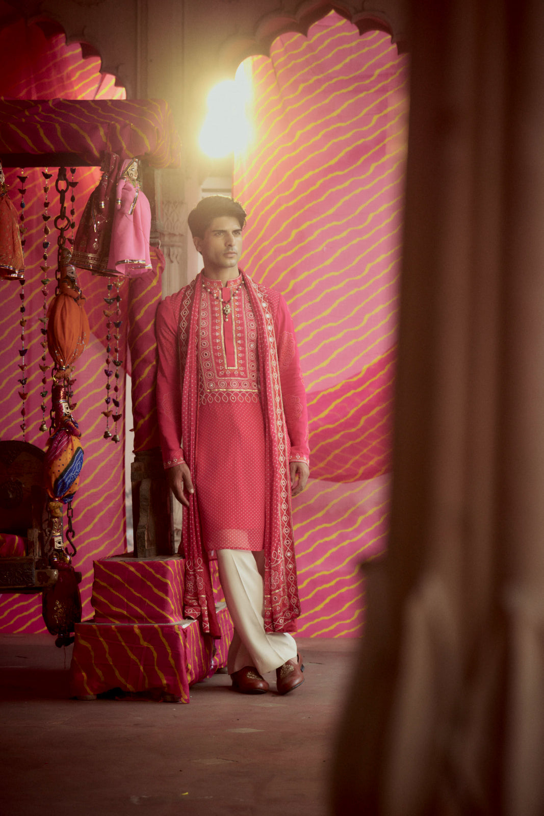 Rani pink bandhej Printed kurta set