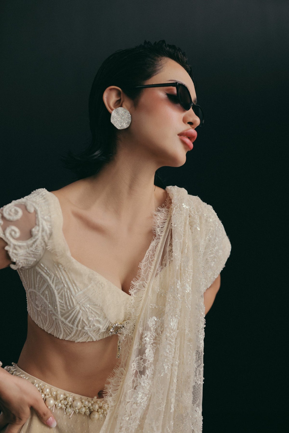 Art Deco Embroidery, Silk & French Lace, Stitched Sari Set, Draped Silhouette