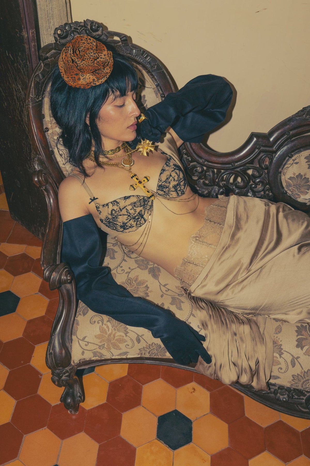 Black & Gold Taupe, Bead Embroidery, Tulle & Silk, Pre-Stitched Sari Set, Bralette Silhouette