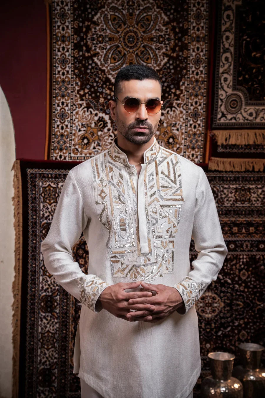 Ivory Regal Embroidered Linen Silk Kurta