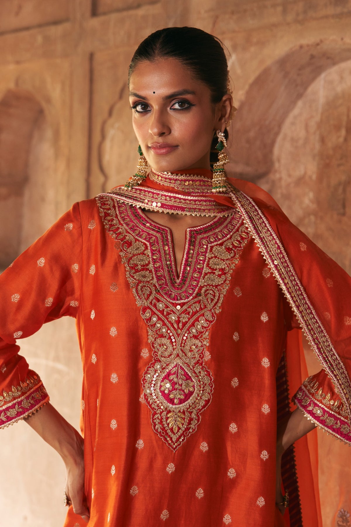 Hafsa Burnt Orange Silk Chanderi Chauga Suit with Dogri Salwar