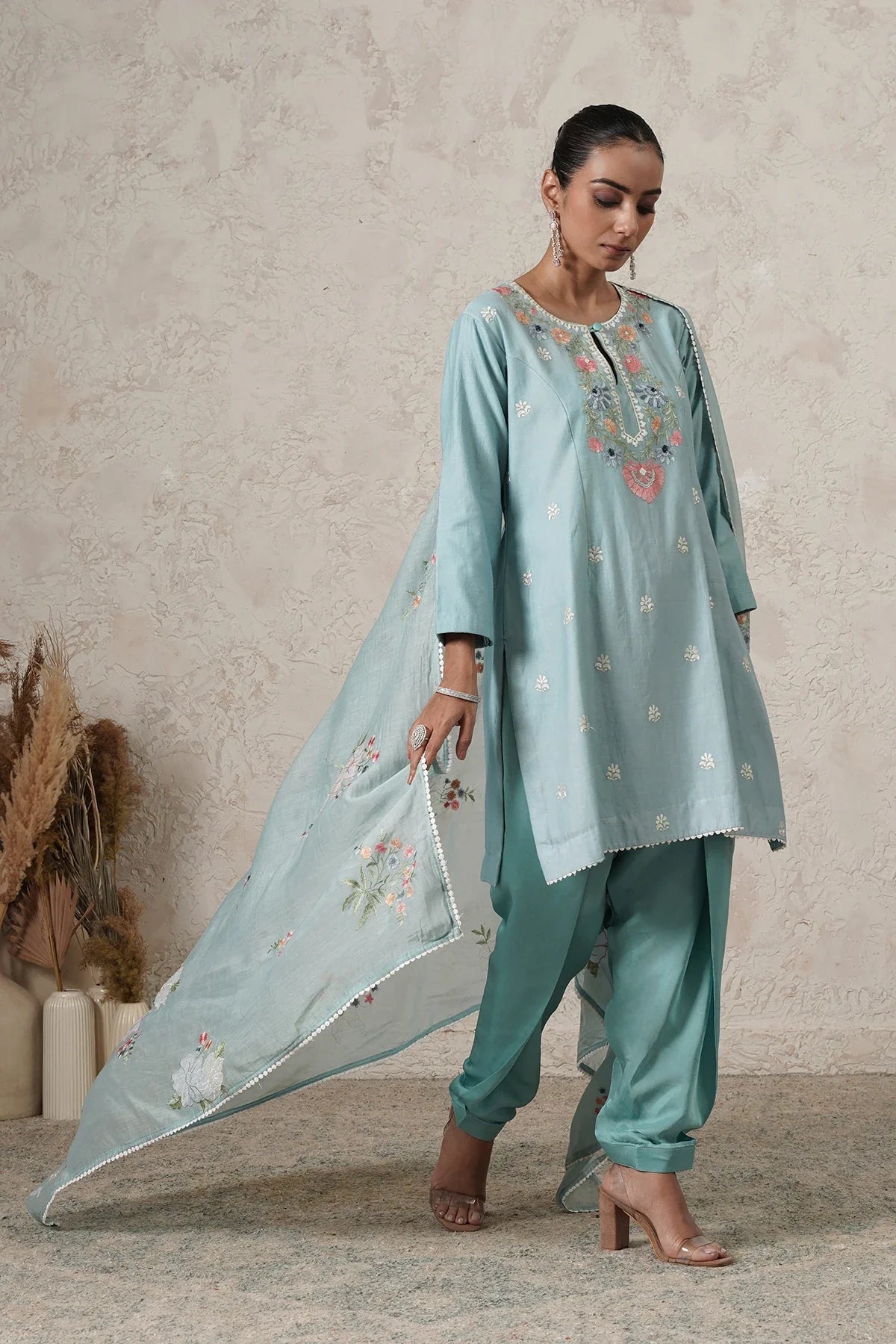 Aasmani Hand-Embroidered Kurta Set with farshi Salwar & Dupatta | Sky Blue |  THETAA