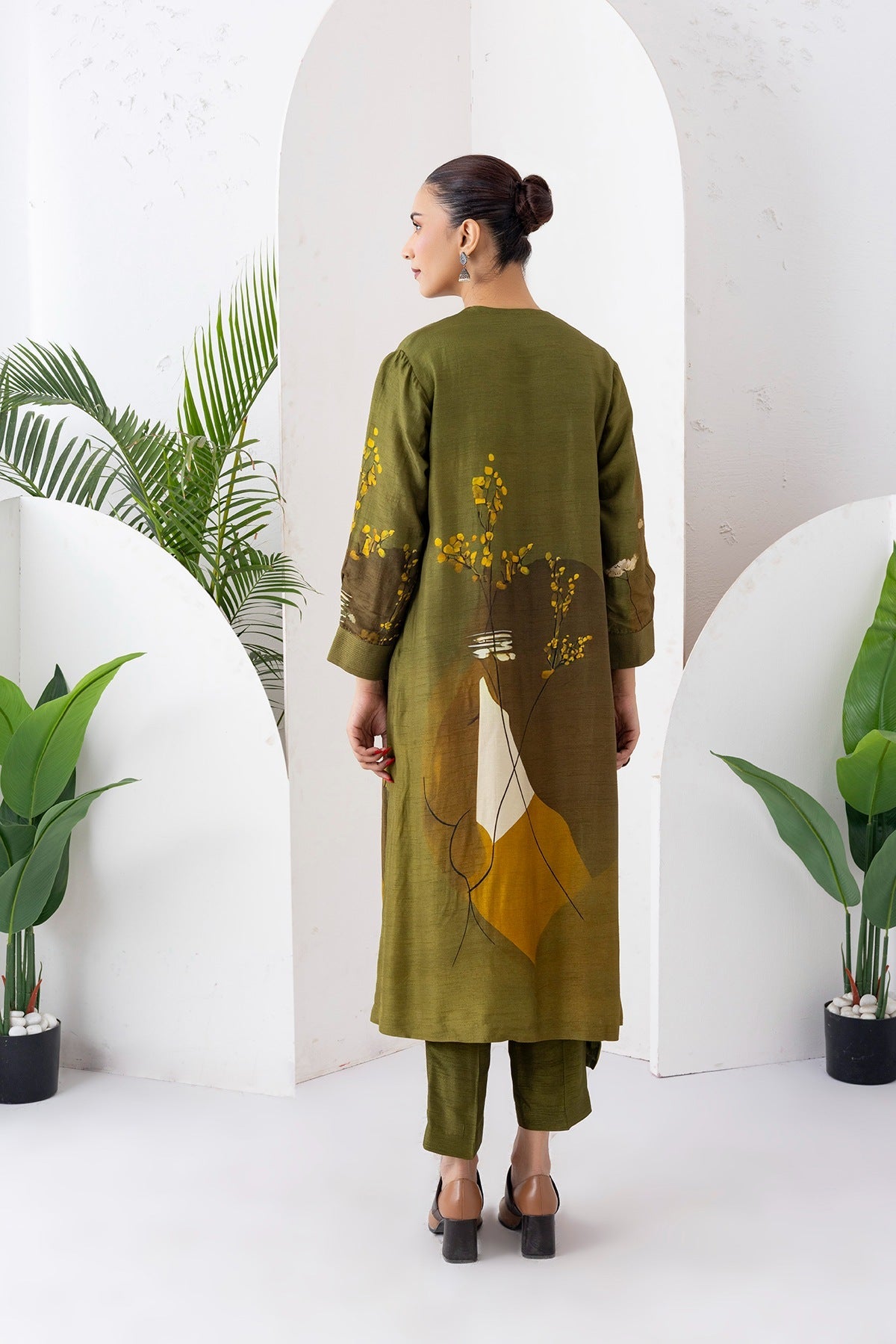 Moss Green Shaded Viscose Dupion Printed High-Low Dress Set (2 PCS)