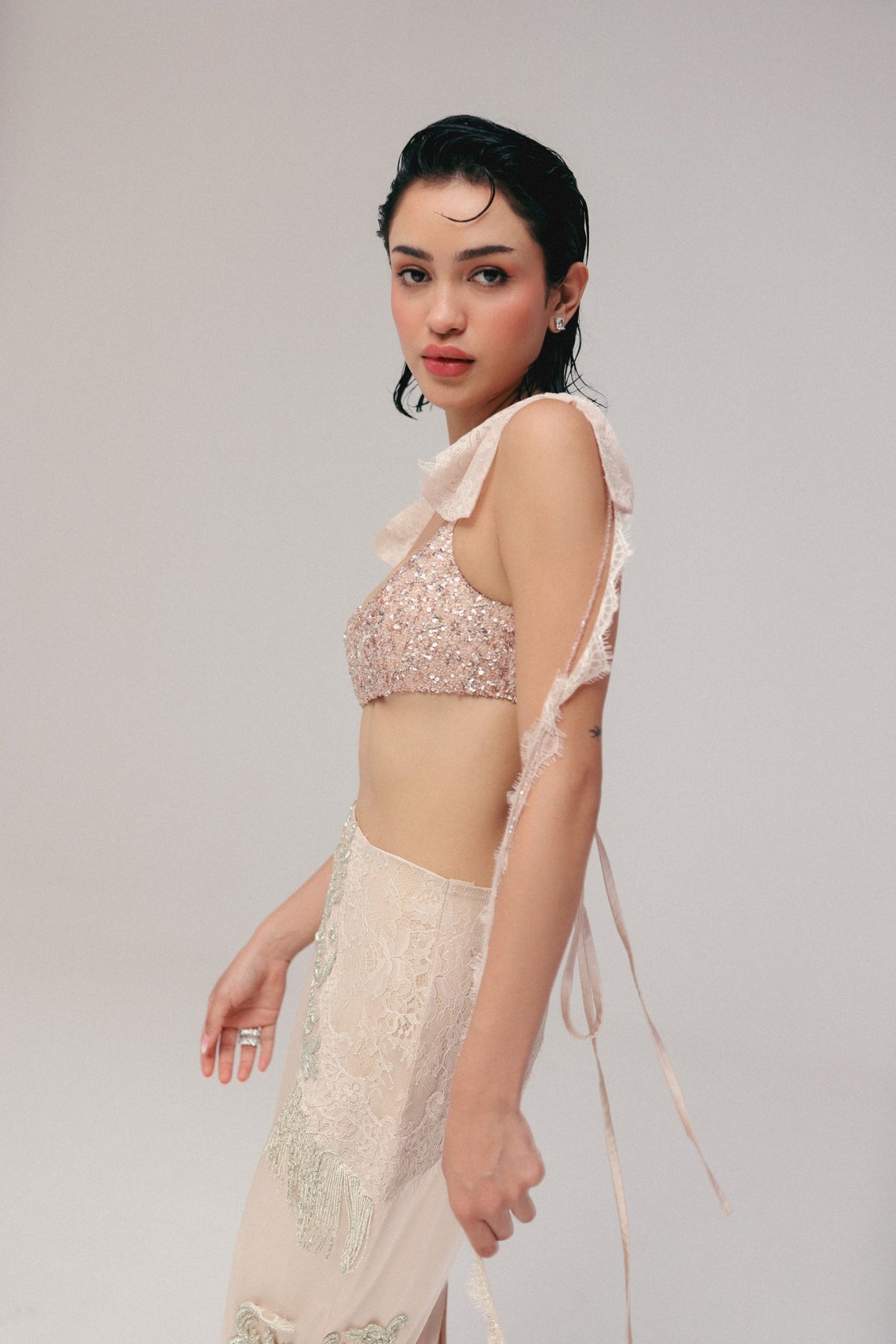 Sequin & Bugle Bead Embroidery, Silk Satin & French Lace, Skirt Set, Blouse Silhouette