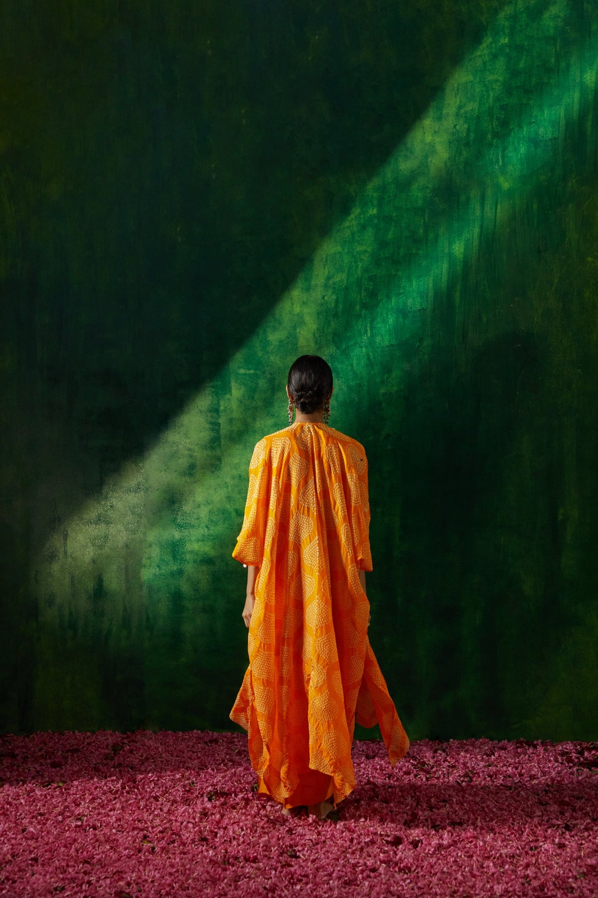 Bandhni cape set with chanderi kurta and dhoti skirt