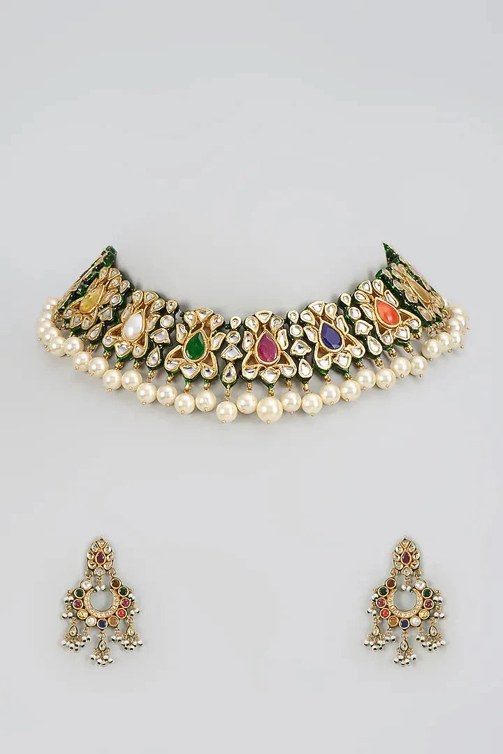Navratna Pastel Jaipuri Kundan Multicolor Choker Set with Statement earring