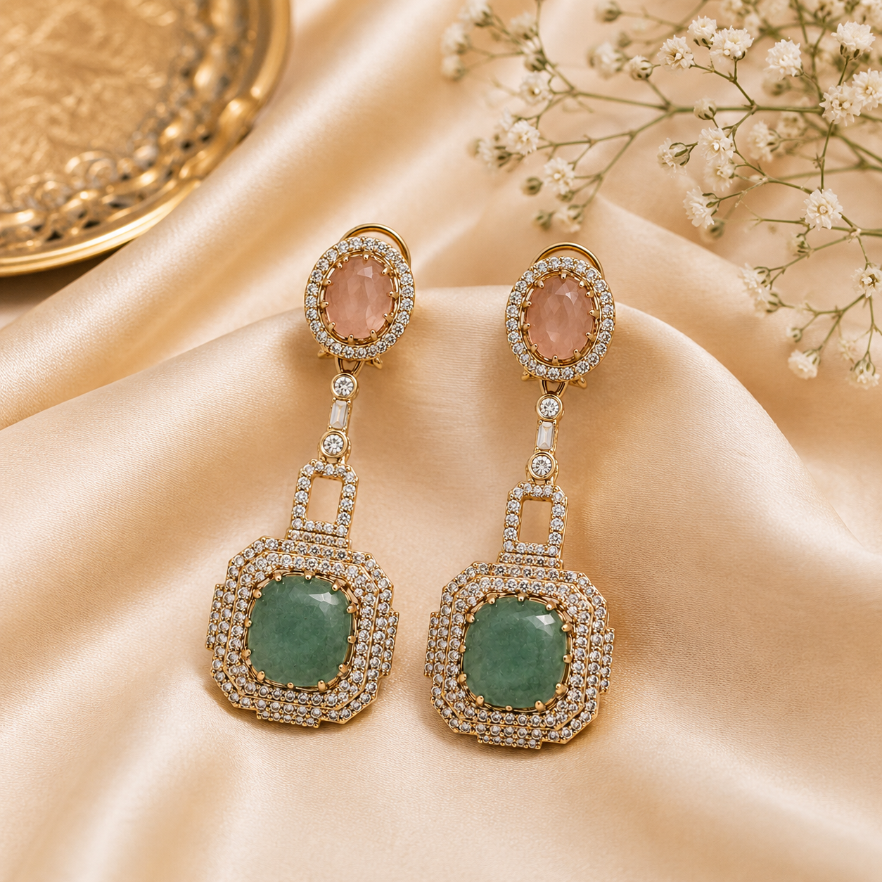 Blush Pink & Sage Green Semi-Precious Statement Earrings