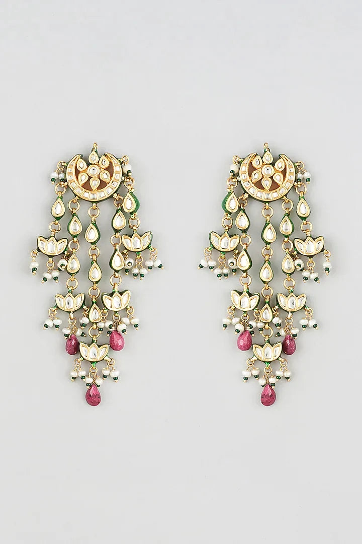 Gold-Plated Jaipuri Kundan Chandbali Tassel earring with Green & Ruby Drops