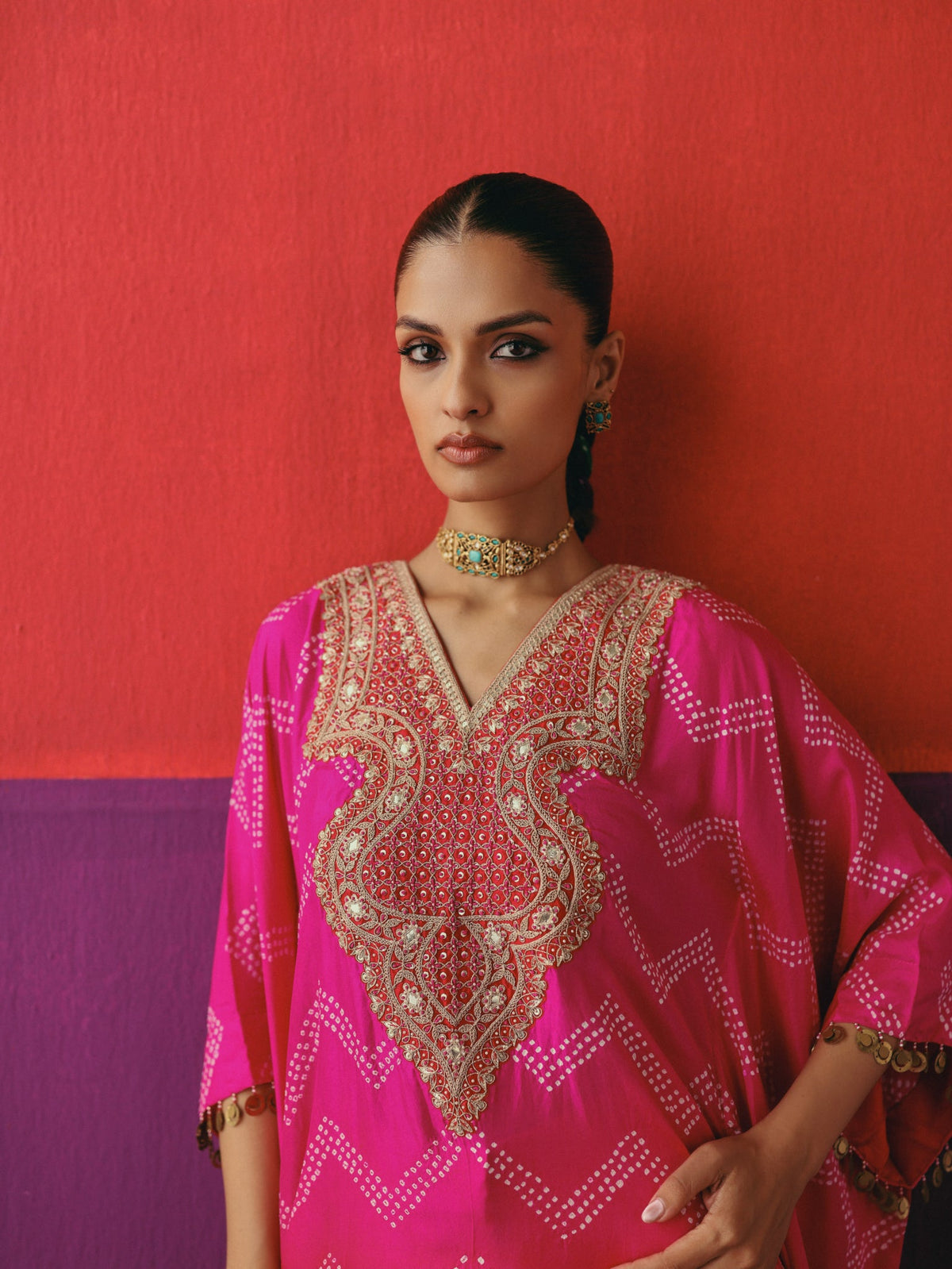 Zigzag Bandhni Kaftan with Sharara