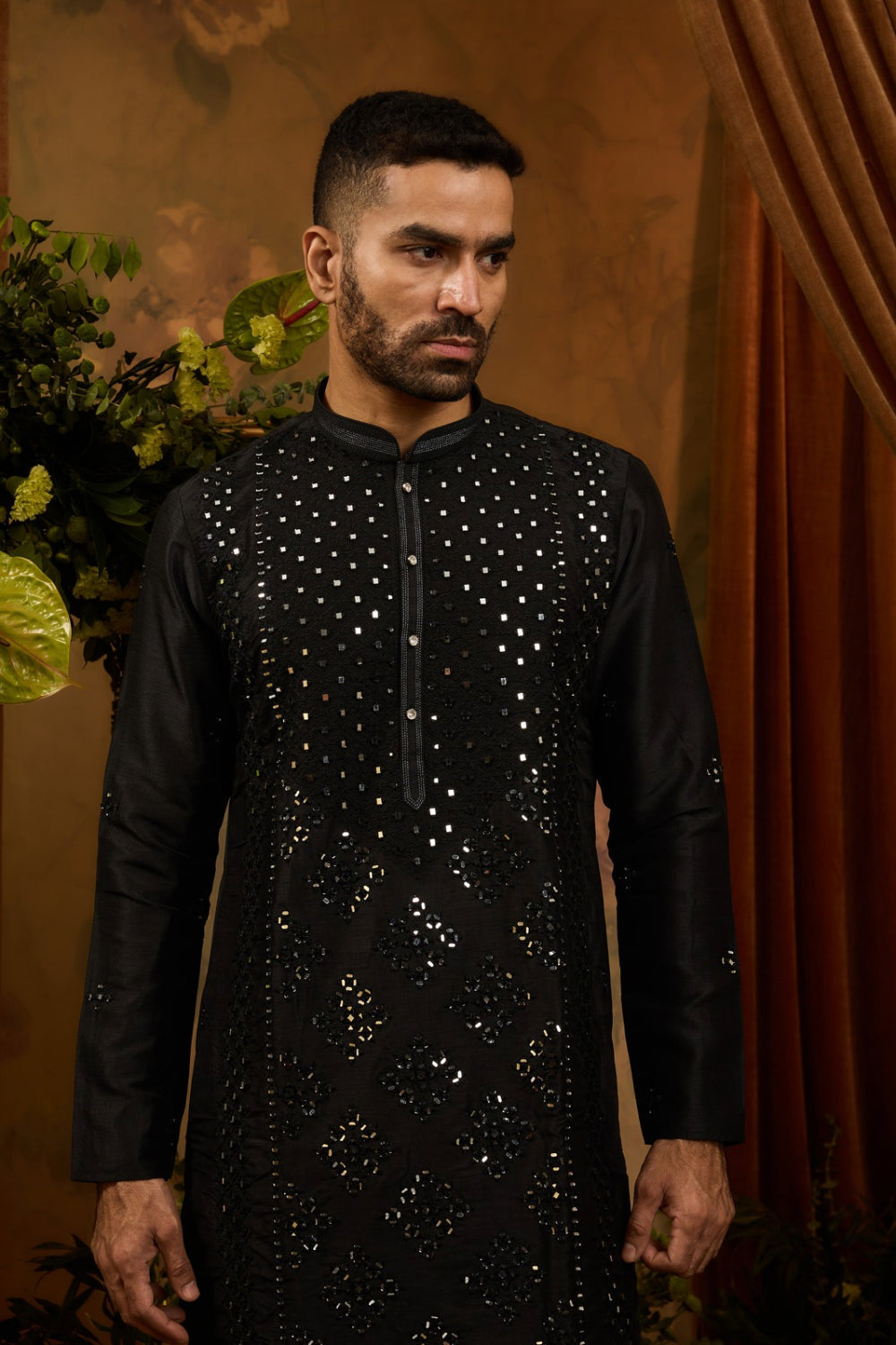 Black & White silk kurta set with thread and mirror work